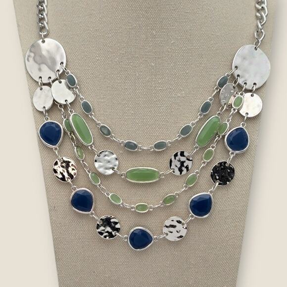 Blue Green Silver Tone Multi Strand Disc Statement Necklace – Layered Boho Chic - Picture 4 of 7